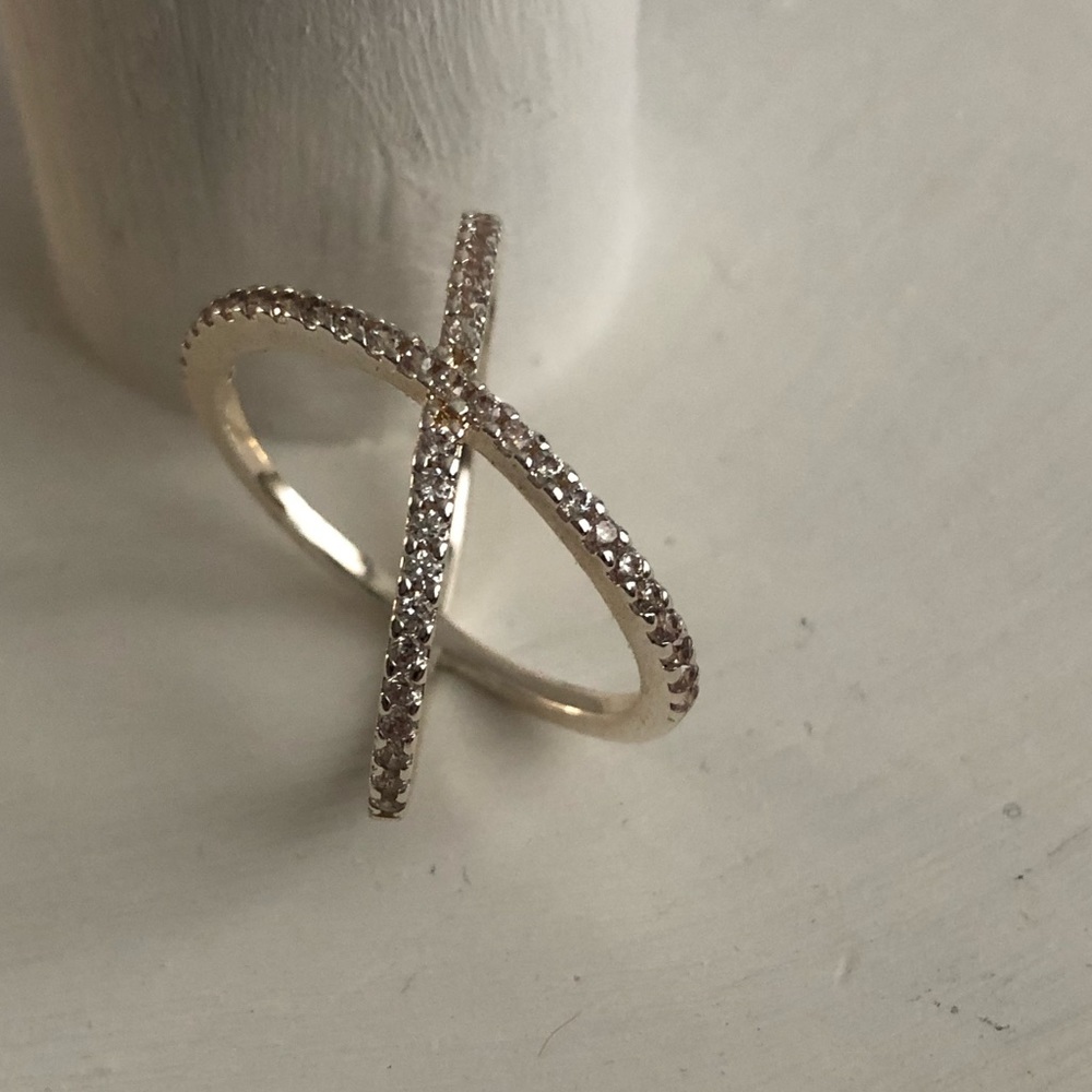 3/$15 Cage Ring Silver Tone with Faux Rhinestones - cross ring - x ring